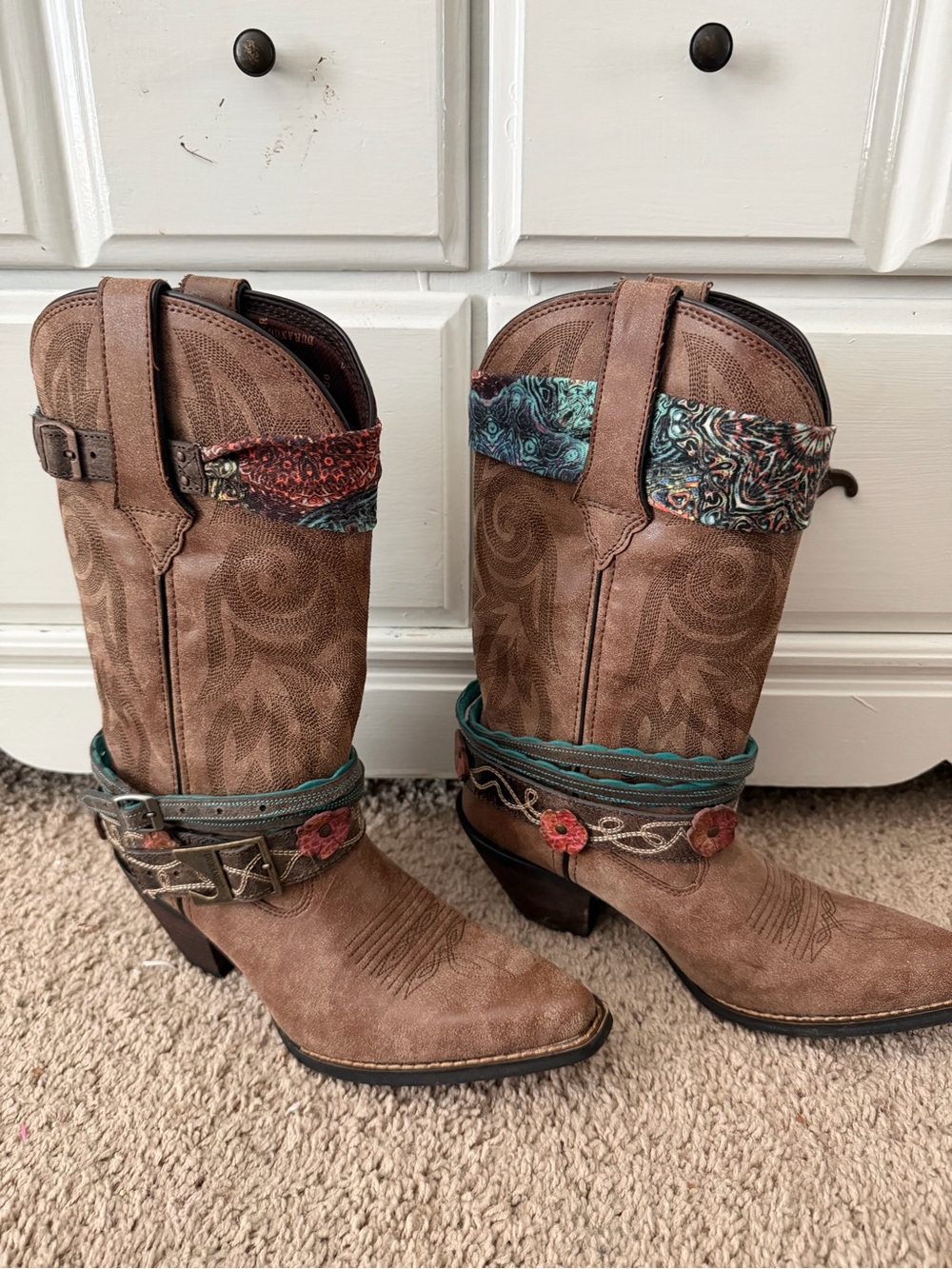 Durango Brown Leather Embroidered Western Heeled Boots with Turquoise Accents